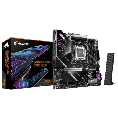 GIGABYTE B850M AORUS PRO WIFI7 AMD AM5 LGA 1718 MotherboardAMD Socket AM5: Supports AMD Ryzen 9000 / Ryzen 8000 / Ryzen 7000 Series Processors DDR5 Compatible: 4*DIMMs Power Design: 12+2+2 Thermals: VRM and M.2 Thermal Guard Connectivity: PCIe 5.0, 2x M.2 Slots, USB-C, Sensor Panel Link
