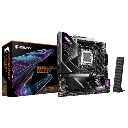 GIGABYTE B850M AORUS PRO WIFI7 AMD AM5 LGA 1718 MotherboardAMD Socket AM5: Supports AMD Ryzen 9000 / Ryzen 8000 / Ryzen 7000 Series Processors DDR5 Compatible: 4*DIMMs Power Design: 12+2+2 Thermals: VRM and M.2 Thermal Guard Connectivity: PCIe 5.0, 2x M.2 Slots, USB-C, Sensor Panel Link
