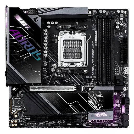 GIGABYTE B850M AORUS PRO WIFI7 AMD AM5 LGA 1718 MotherboardAMD Socket AM5: Supports AMD Ryzen 9000 / Ryzen 8000 / Ryzen 7000 Series Processors DDR5 Compatible: 4*DIMMs Power Design: 12+2+2 Thermals: VRM and M.2 Thermal Guard Connectivity: PCIe 5.0, 2x M.2 Slots, USB-C, Sensor Panel Link